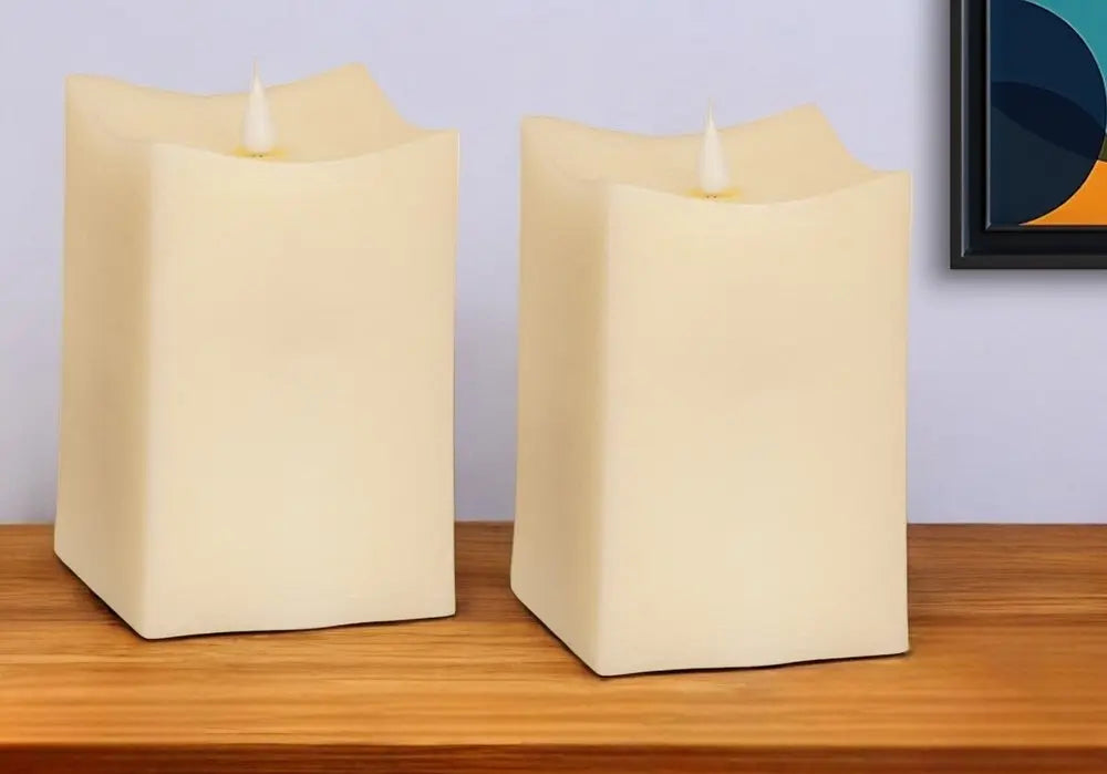 Set of Two Beige Flameless Pillar Candle - NOBLE HOME INTERIORS