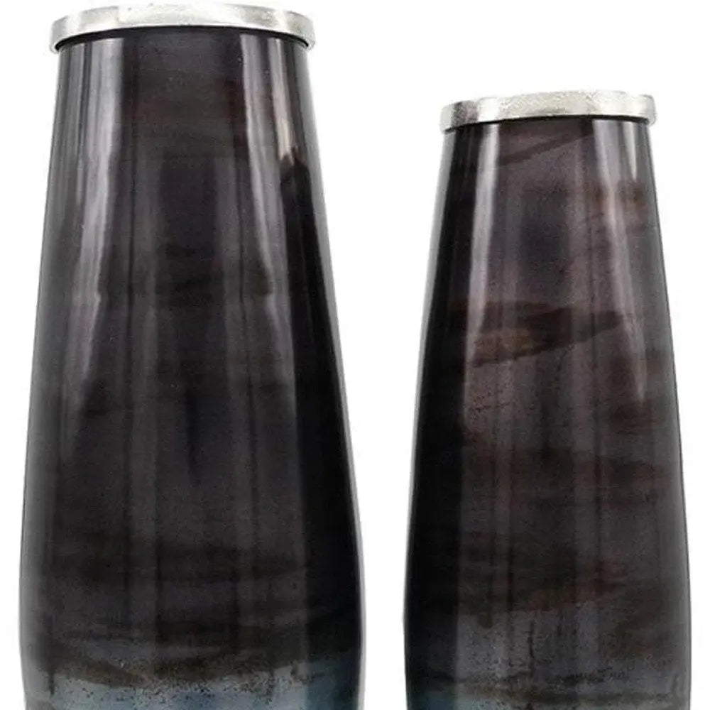 Set of Two Black And Blue Abstract Glass Cylinder Floor Vases - NOBLE HOME INTERIORS