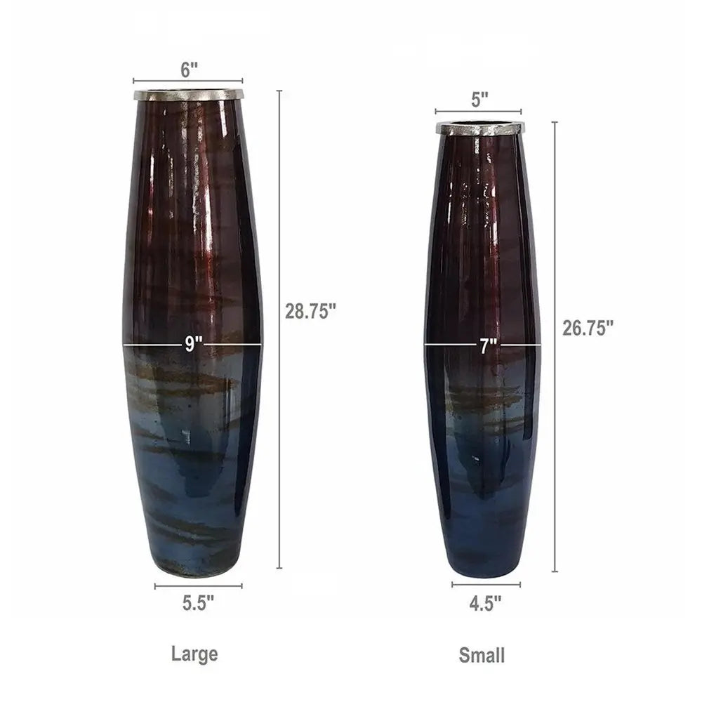 Set of Two Black And Blue Abstract Glass Cylinder Floor Vases - NOBLE HOME INTERIORS