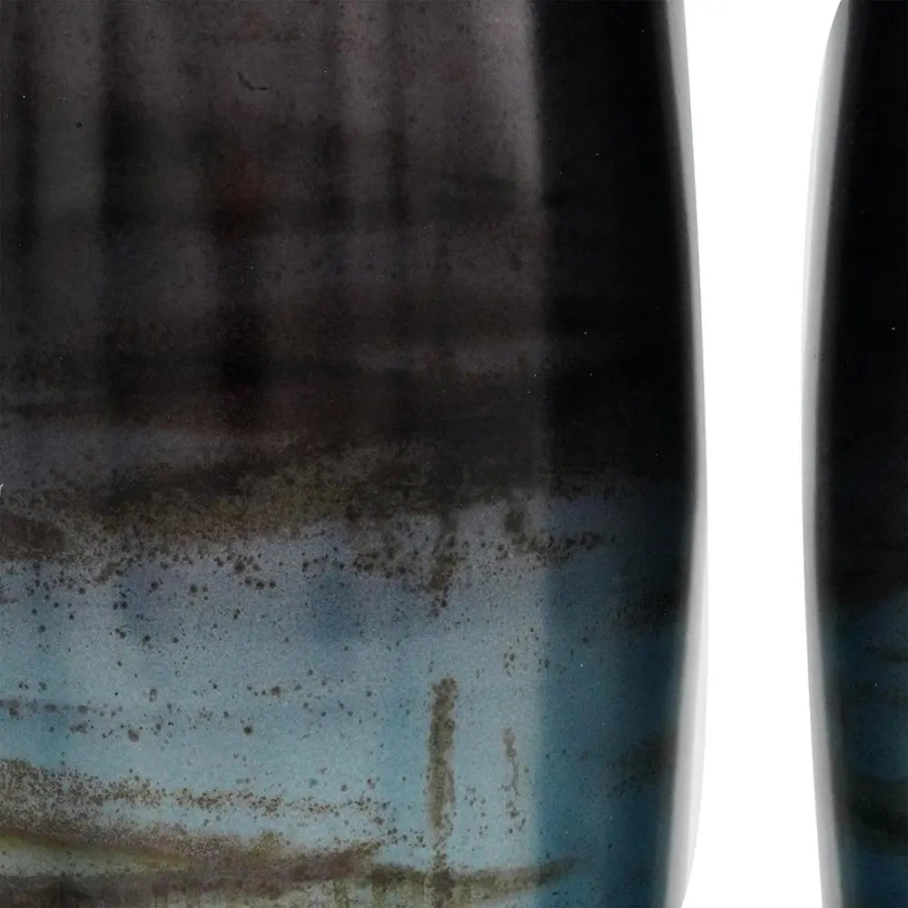 Set of Two Black And Blue Abstract Glass Cylinder Floor Vases - NOBLE HOME INTERIORS