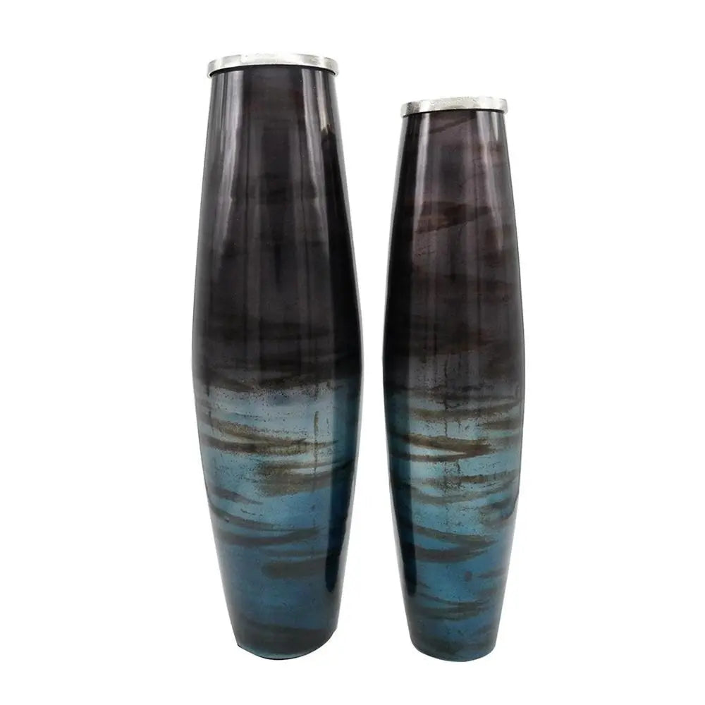 Set of Two Black And Blue Abstract Glass Cylinder Floor Vases - NOBLE HOME INTERIORS