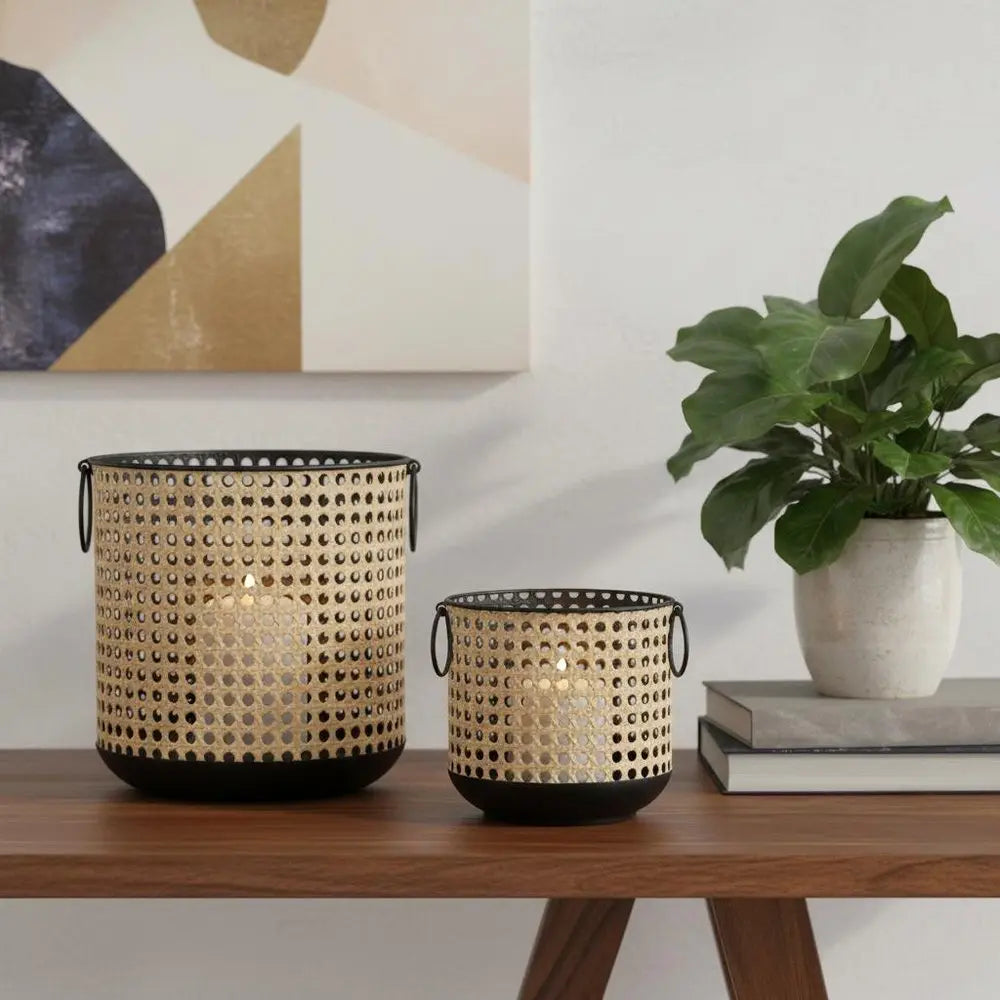 Set of Two Black And Brown Distressed Geometric Iron Tabletop Lantern Candle Holders - NOVA HOME FURNITURE