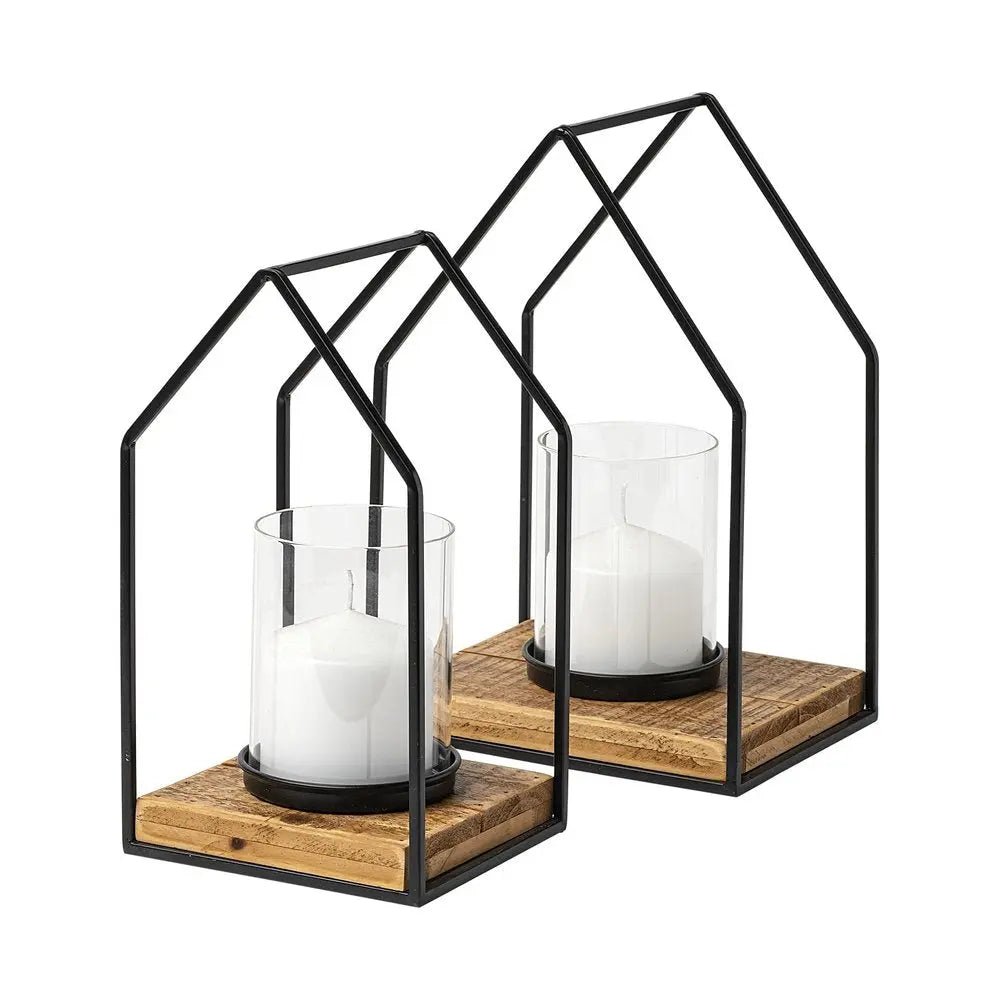 Set of Two Black And Brown Distressed Geometric Metal Tabletop Lantern Candle Holders HomeRoots