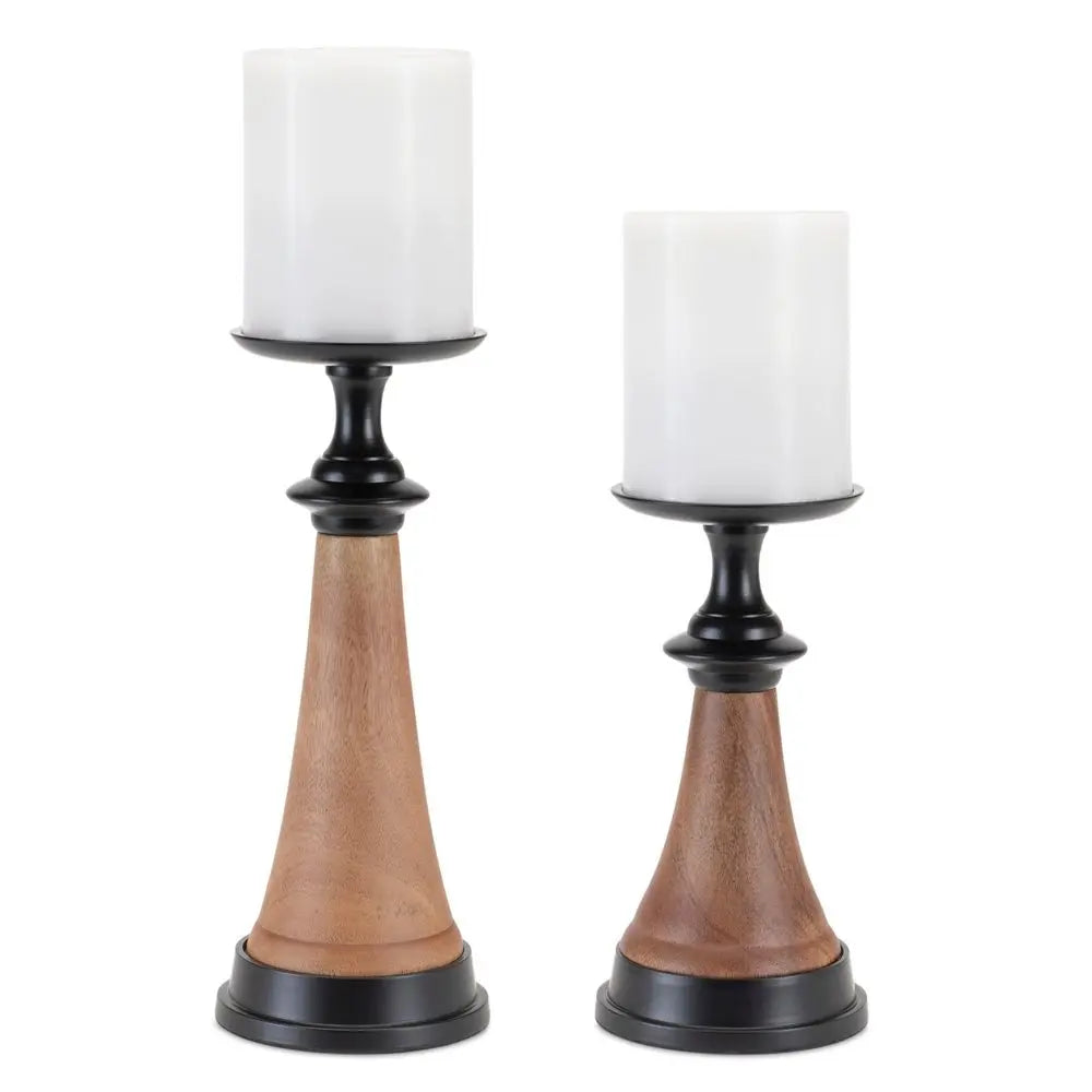 Set of Two Black And Brown Metal And Solid Wood Tabletop Pillar Candle Holders - NOBLE HOME INTERIORS