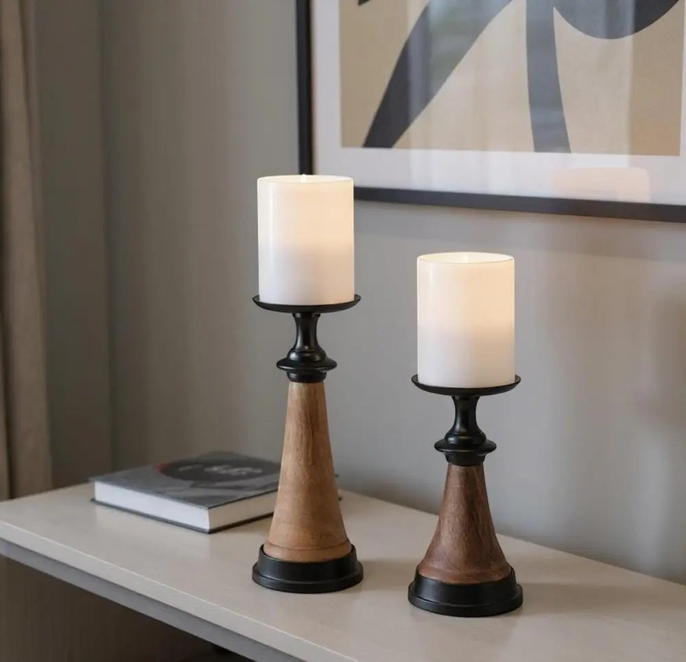 Set of Two Black And Brown Metal And Solid Wood Tabletop Pillar Candle Holders - NOBLE HOME INTERIORS