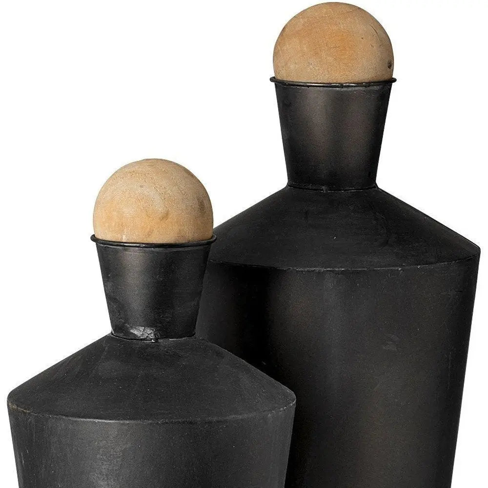 Set of Two Black and Brown Metal Cylindrical Urns - NOBLE HOME INTERIORS