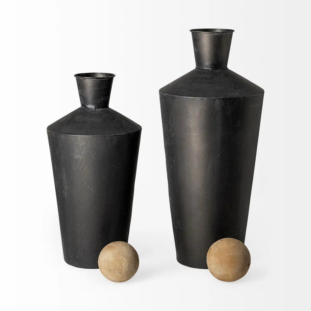 Set of Two Black and Brown Metal Cylindrical Urns - NOBLE HOME INTERIORS