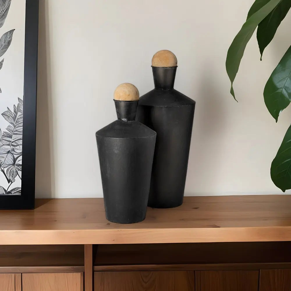 Set of Two Black and Brown Metal Cylindrical Urns - NOBLE HOME INTERIORS