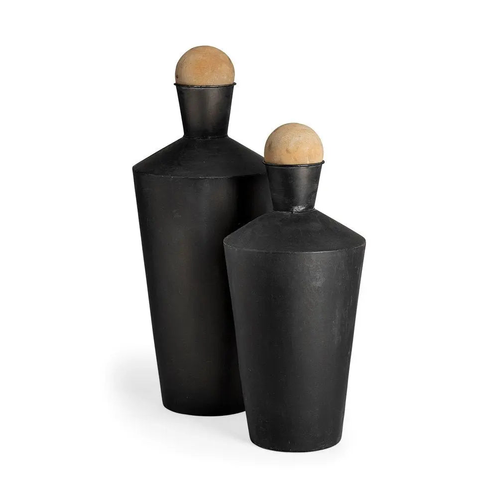 Set of Two Black and Brown Metal Cylindrical Urns - NOBLE HOME INTERIORS