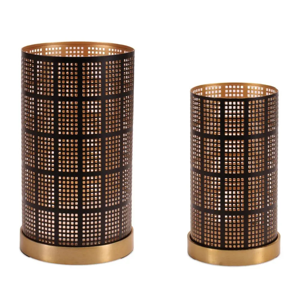 Set of Two Black And Gold Abstract Metal Tabletop Pillar Candle Holders - NOBLE HOME INTERIORS