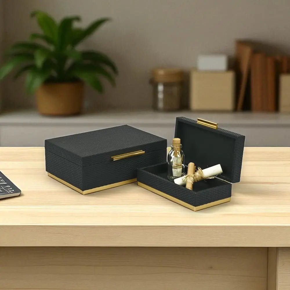 Set of Two Black And Gold Nesting Decorative Storage Boxes With Lids - NOBLE HOME INTERIORS