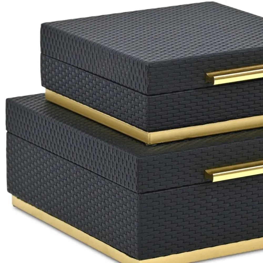 Set of Two Black And Gold Square Nesting Decorative Storage Boxes With Lids - NOBLE HOME INTERIORS