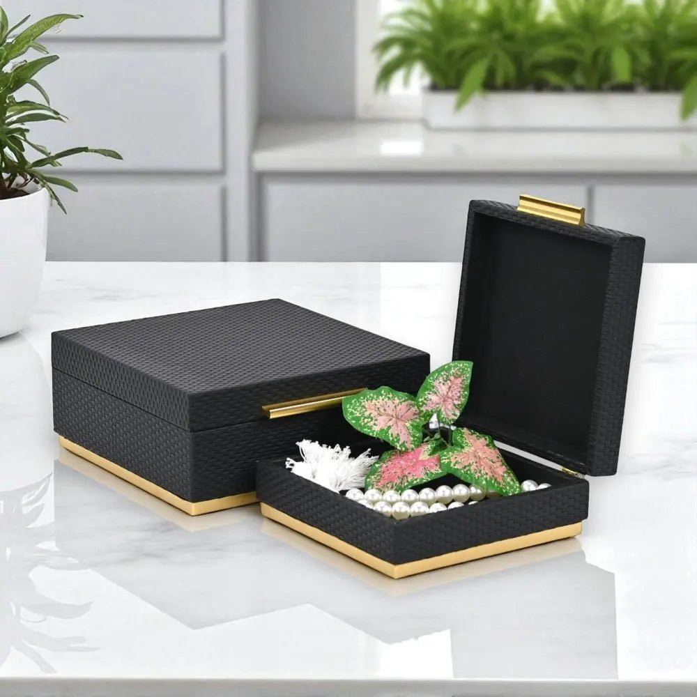 Set of Two Black And Gold Square Nesting Decorative Storage Boxes With Lids - NOBLE HOME INTERIORS