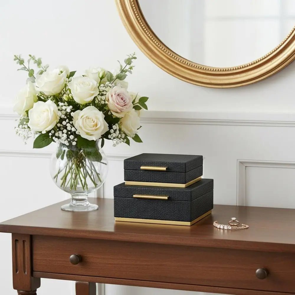 Set of Two Black And Gold Square Nesting Decorative Storage Boxes With Lids - NOBLE HOME INTERIORS