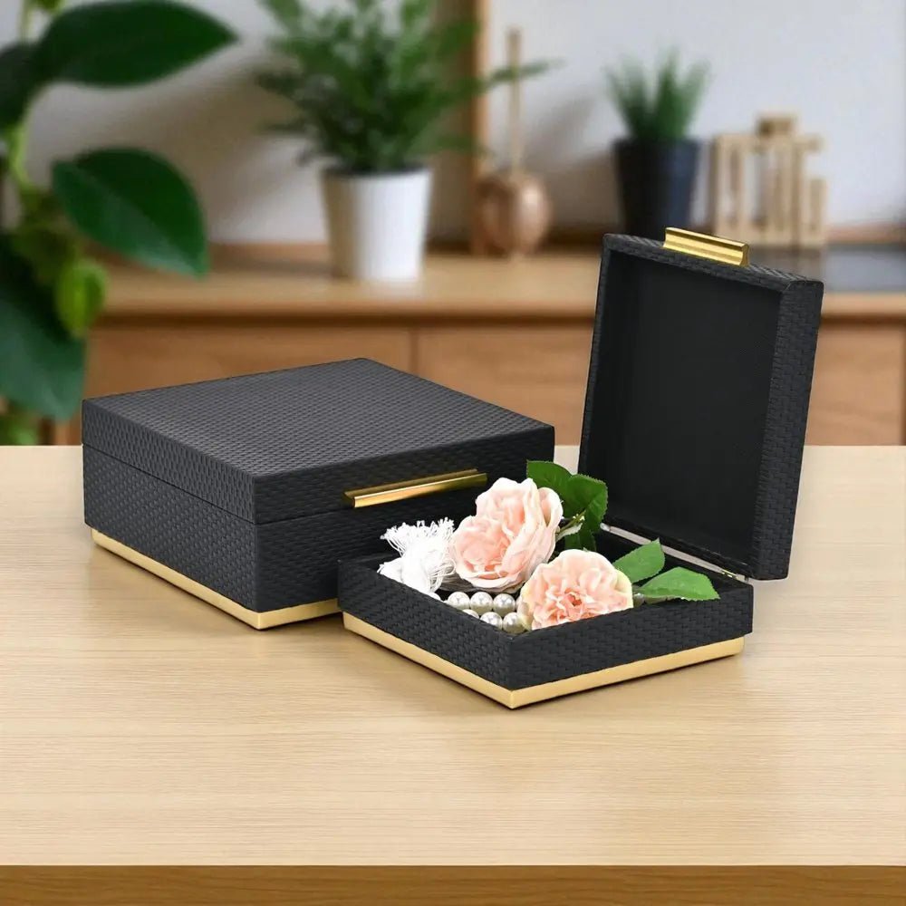 Set of Two Black And Gold Square Nesting Decorative Storage Boxes With Lids - NOBLE HOME INTERIORS