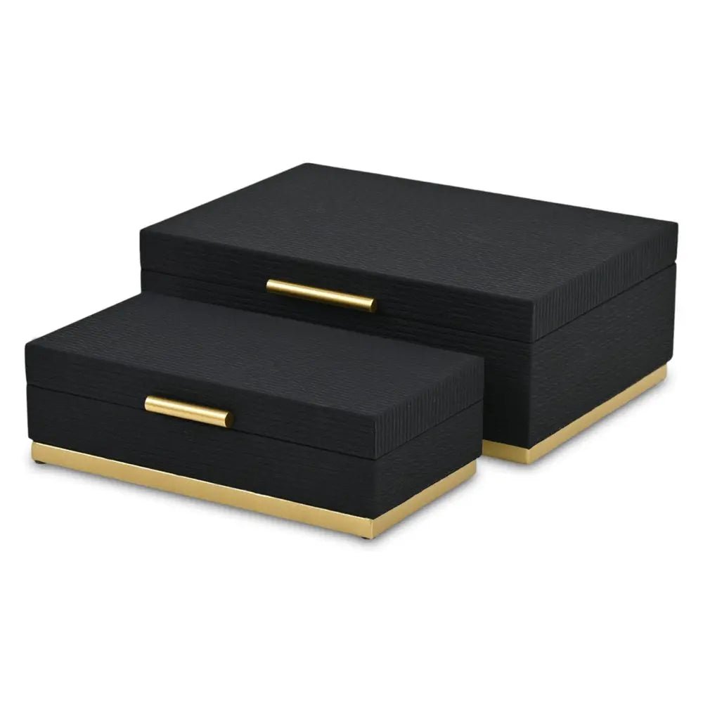 Set of Two Black And Gold Striped Nesting Storage Boxes With Lids - NOBLE HOME INTERIORS