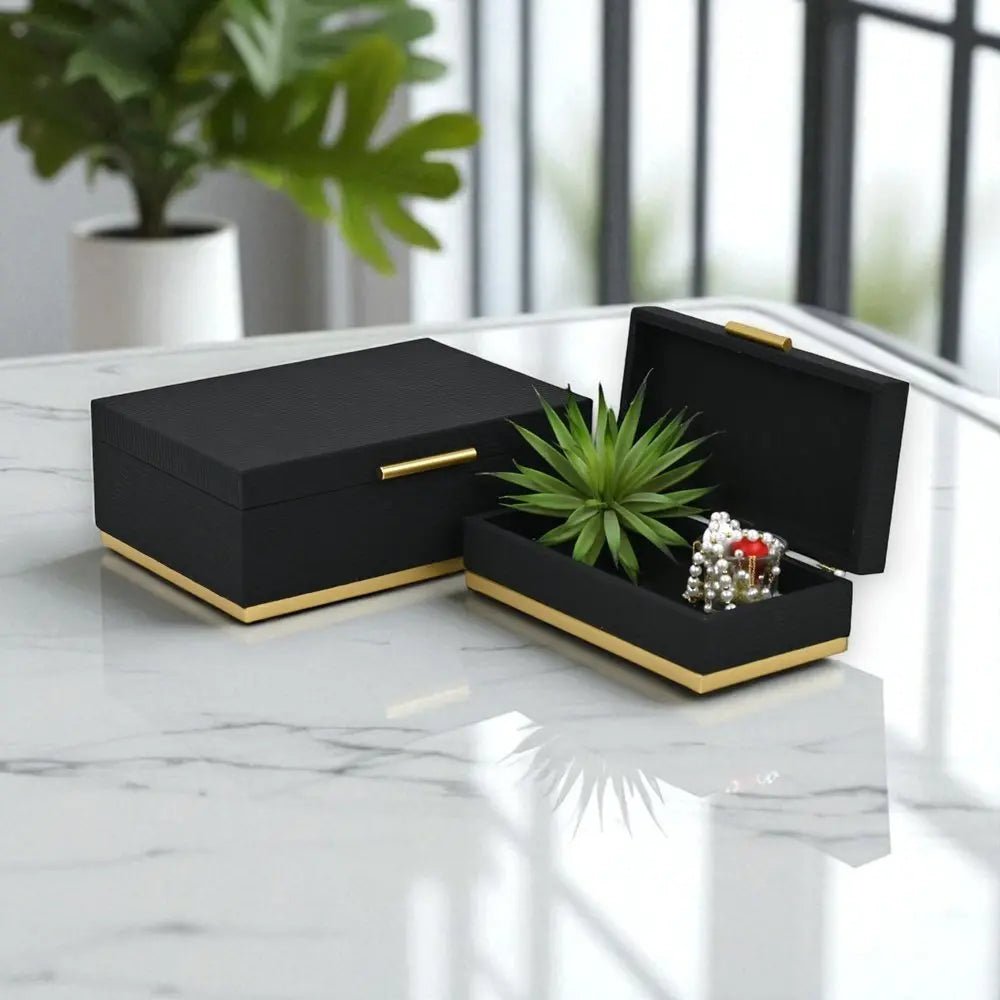 Set of Two Black And Gold Striped Nesting Storage Boxes With Lids - NOBLE HOME INTERIORS