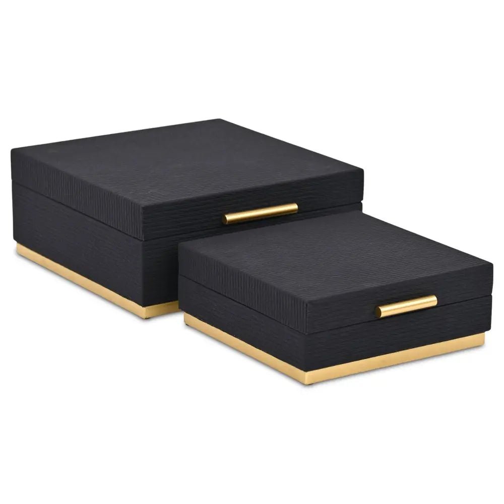 Set of Two Black And Gold Striped Square Nesting Storage Boxes With Lids - NOBLE HOME INTERIORS