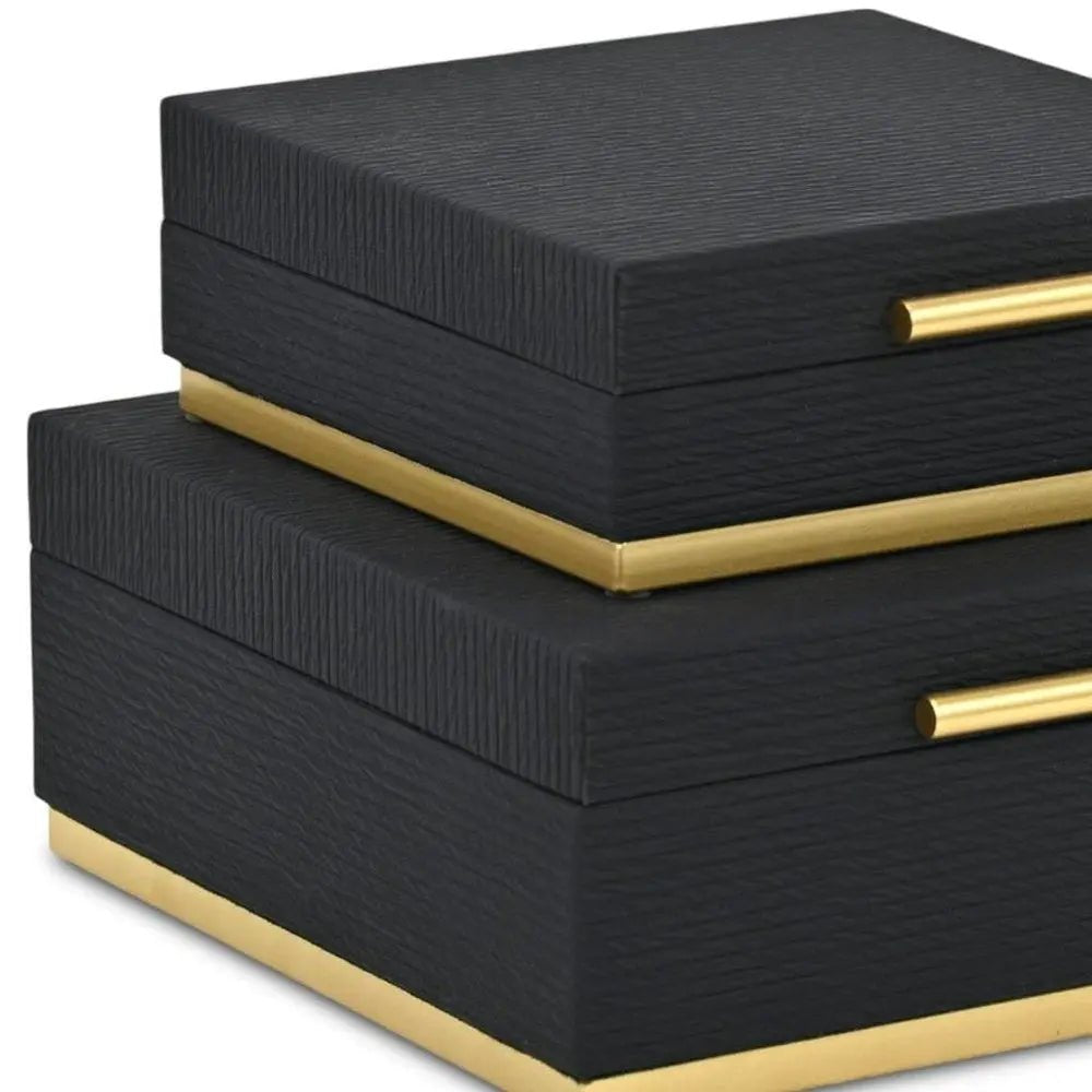 Set of Two Black And Gold Striped Square Nesting Storage Boxes With Lids - NOBLE HOME INTERIORS