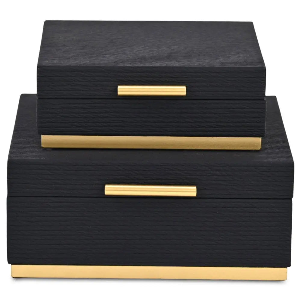 Set of Two Black And Gold Striped Square Nesting Storage Boxes With Lids - NOBLE HOME INTERIORS