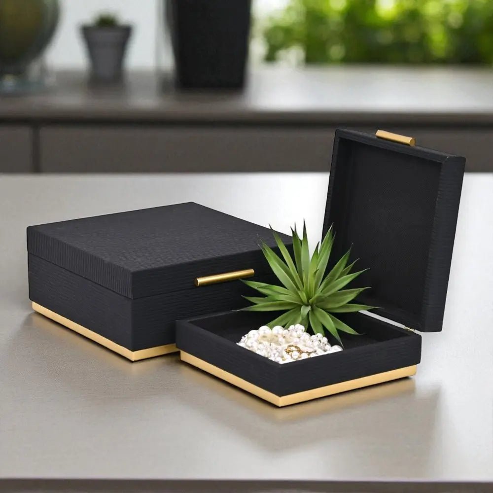 Set of Two Black And Gold Striped Square Nesting Storage Boxes With Lids - NOBLE HOME INTERIORS