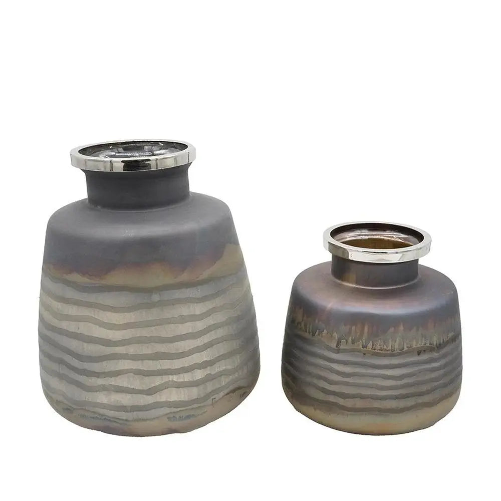 Set of Two Black And Gray Abstract Glass Round Table Vases - NOBLE HOME INTERIORS