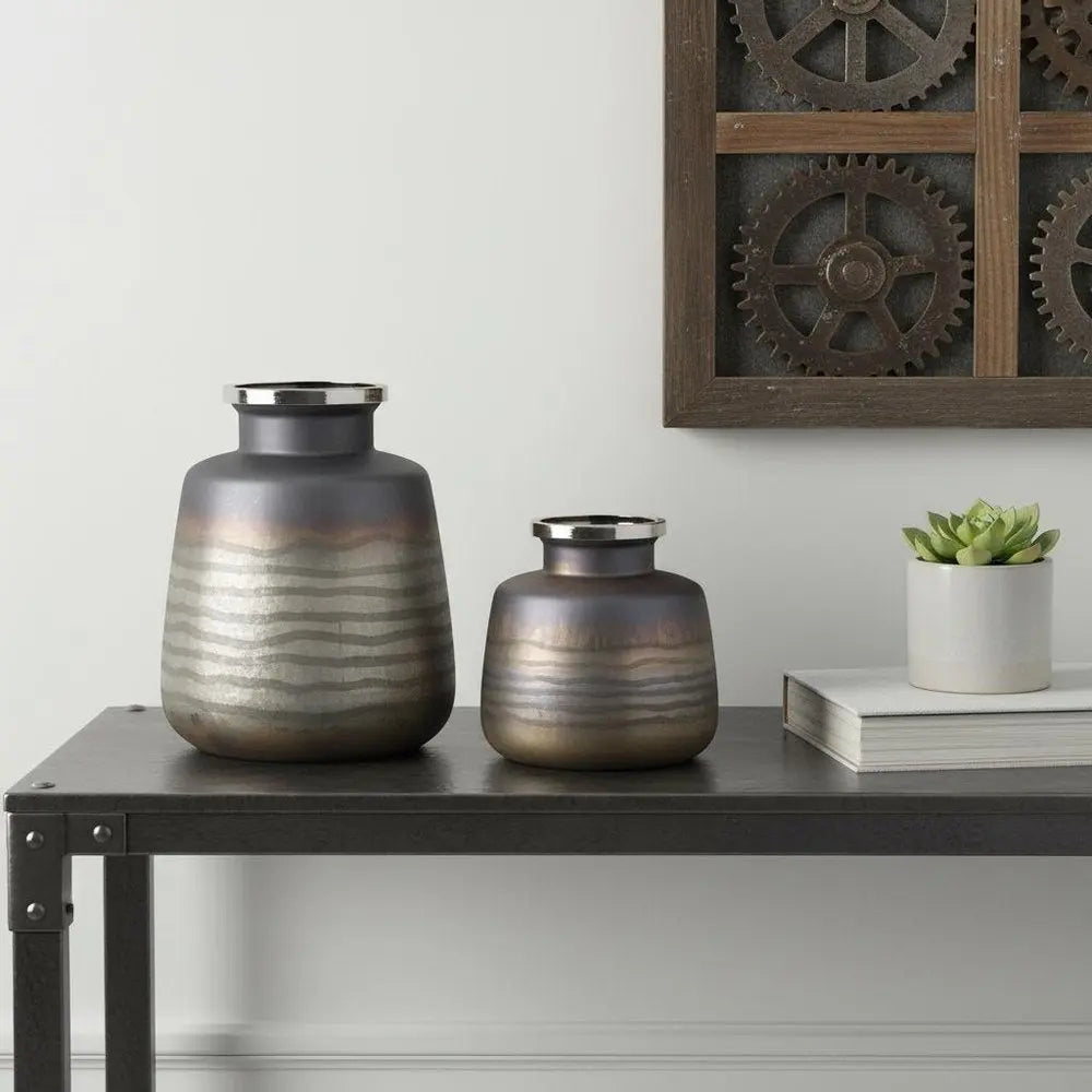 Set of Two Black And Gray Abstract Glass Round Table Vases - NOBLE HOME INTERIORS