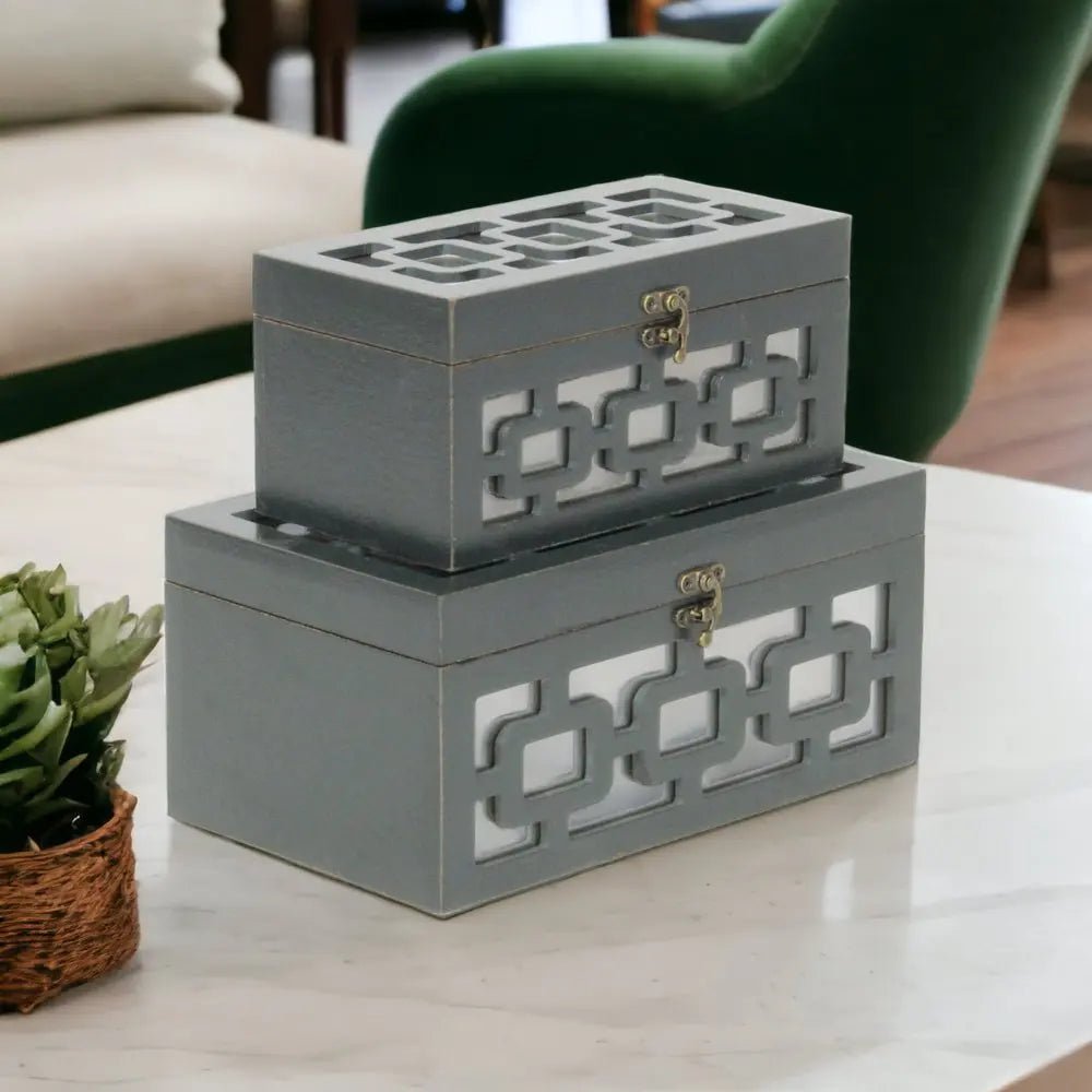 Set of Two Black And White Wood And Mirrored Glass Box With Lid - NOBLE HOME INTERIORS