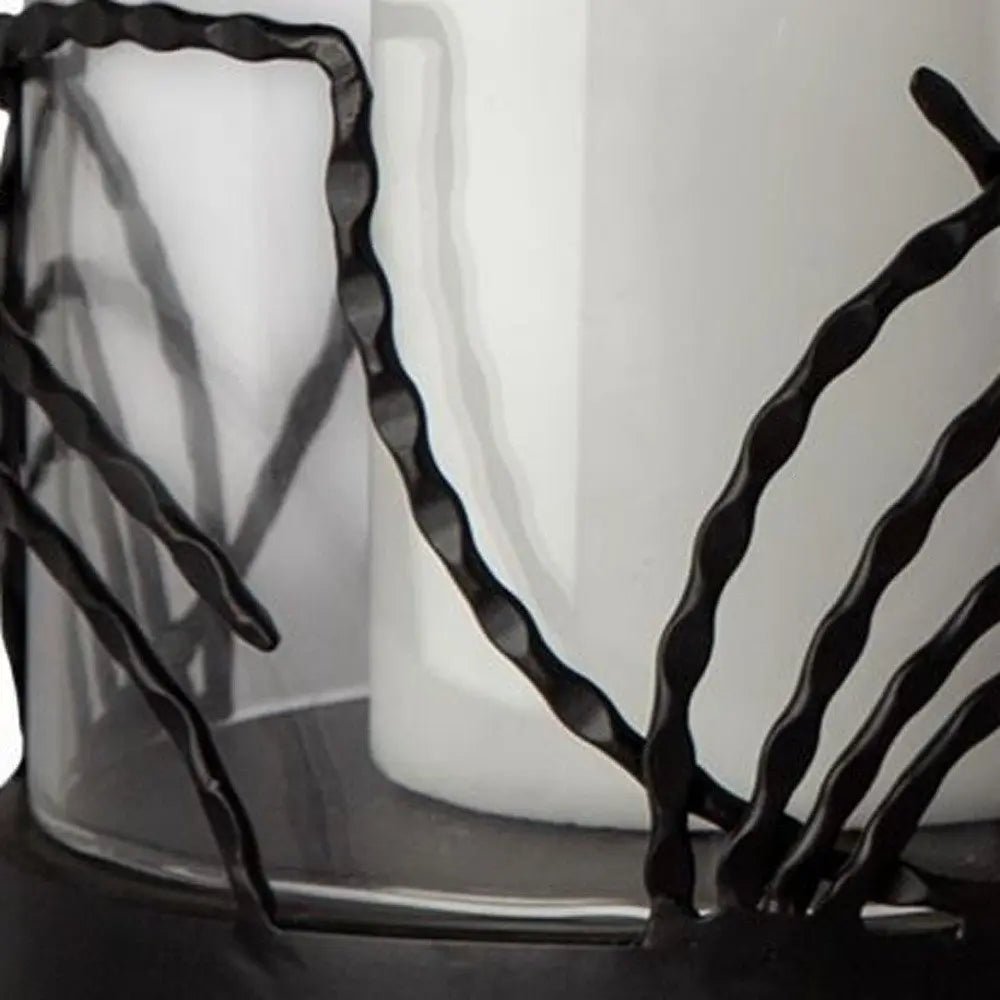 Set of Two Black Botanical Leaf Glass And Metal Tabletop Hurricane Candle Holders HomeRoots