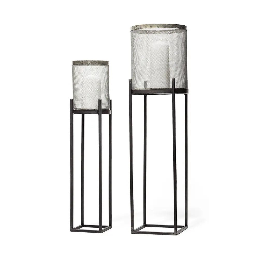 Set of Two Black Distressed Geometric Metal Lantern Candle Holders HomeRoots