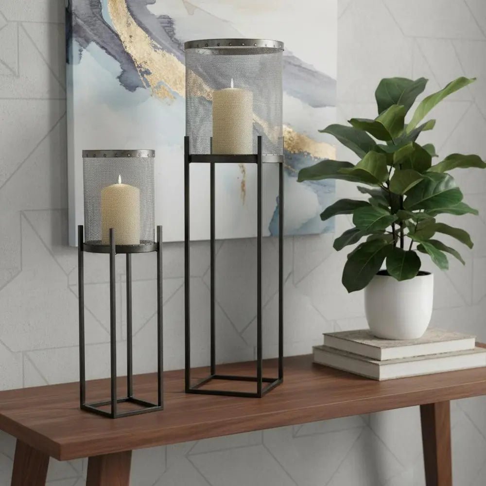 Set of Two Black Distressed Geometric Metal Lantern Candle Holders HomeRoots