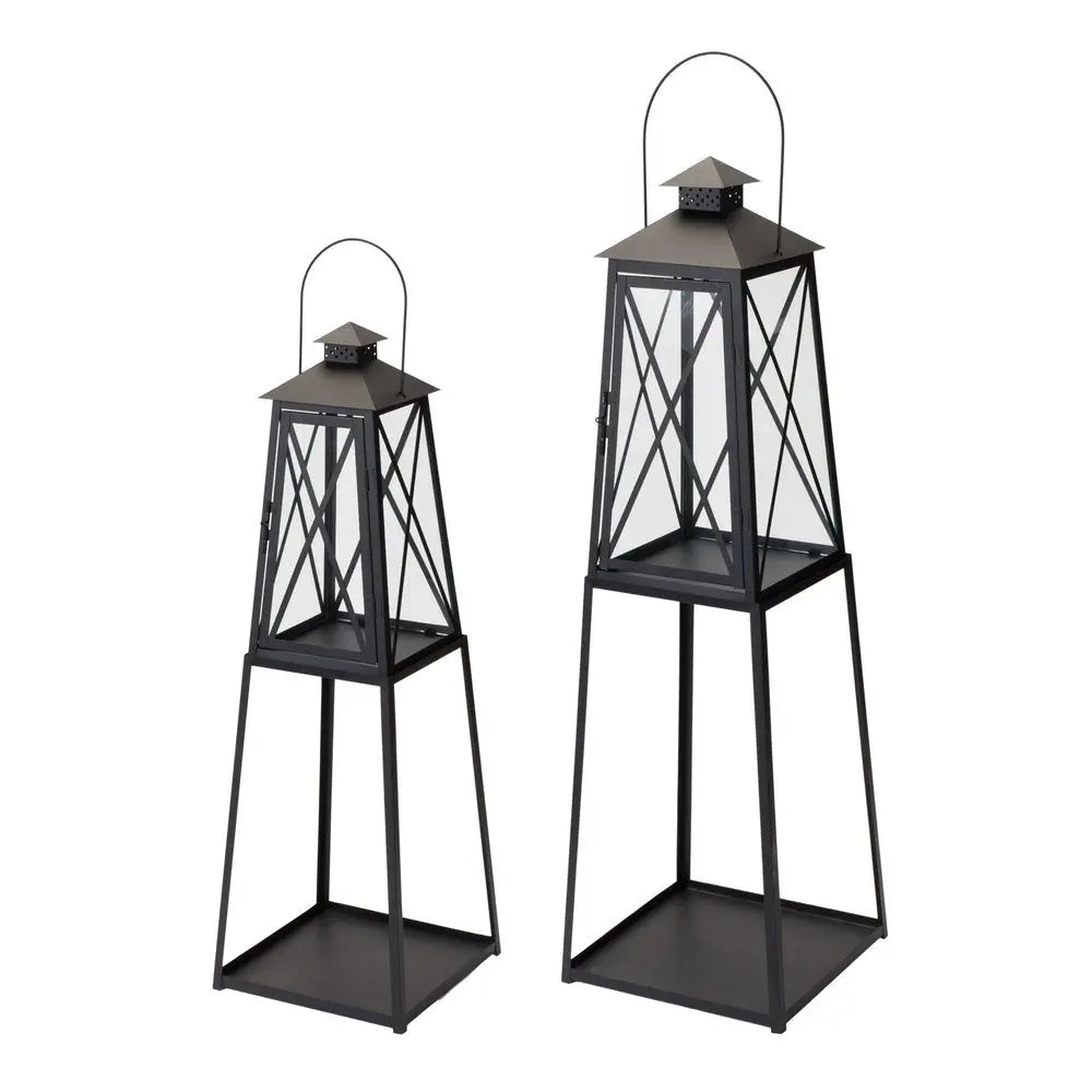 Set of Two Black Distressed Ornate Iron Tabletop Lantern Candle Holders HomeRoots