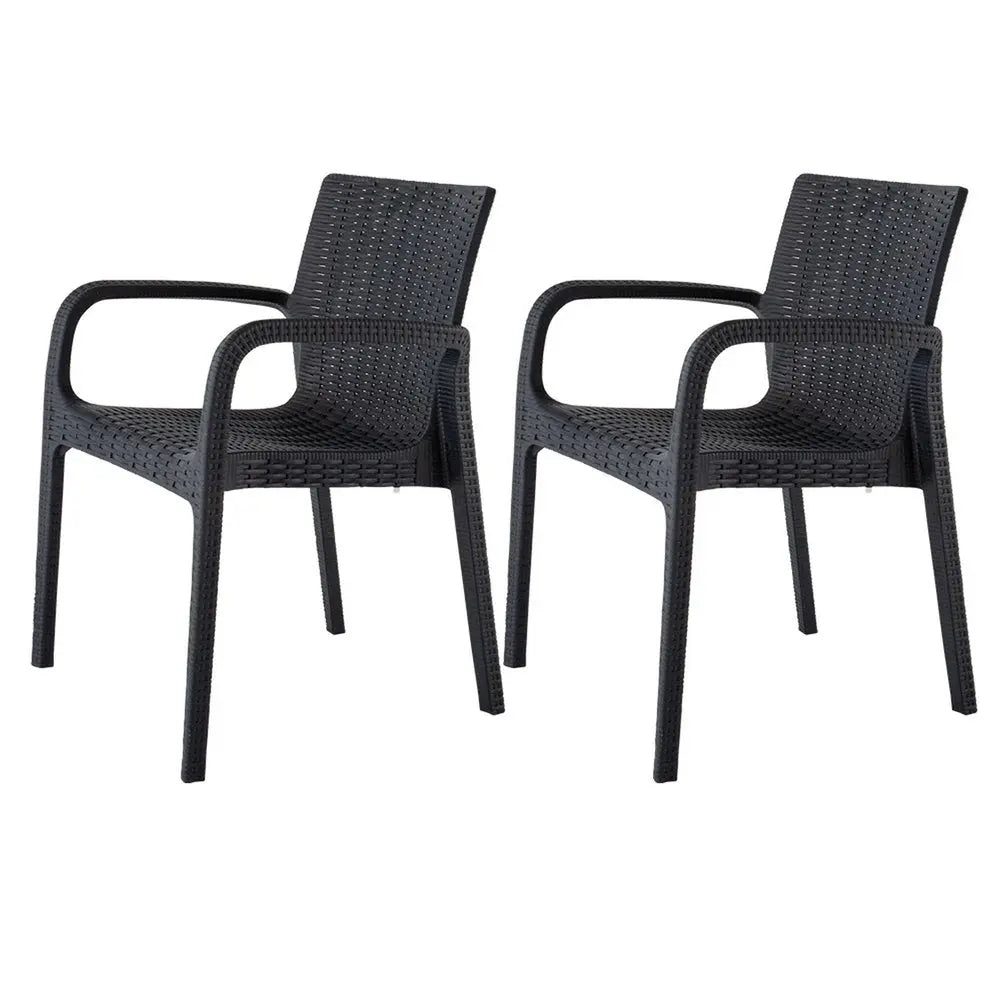 Set of Two Black Faux Rattan Heavy Duty Plastic Outdoor Stacking Arm Chairs - NOBLE HOME INTERIORS