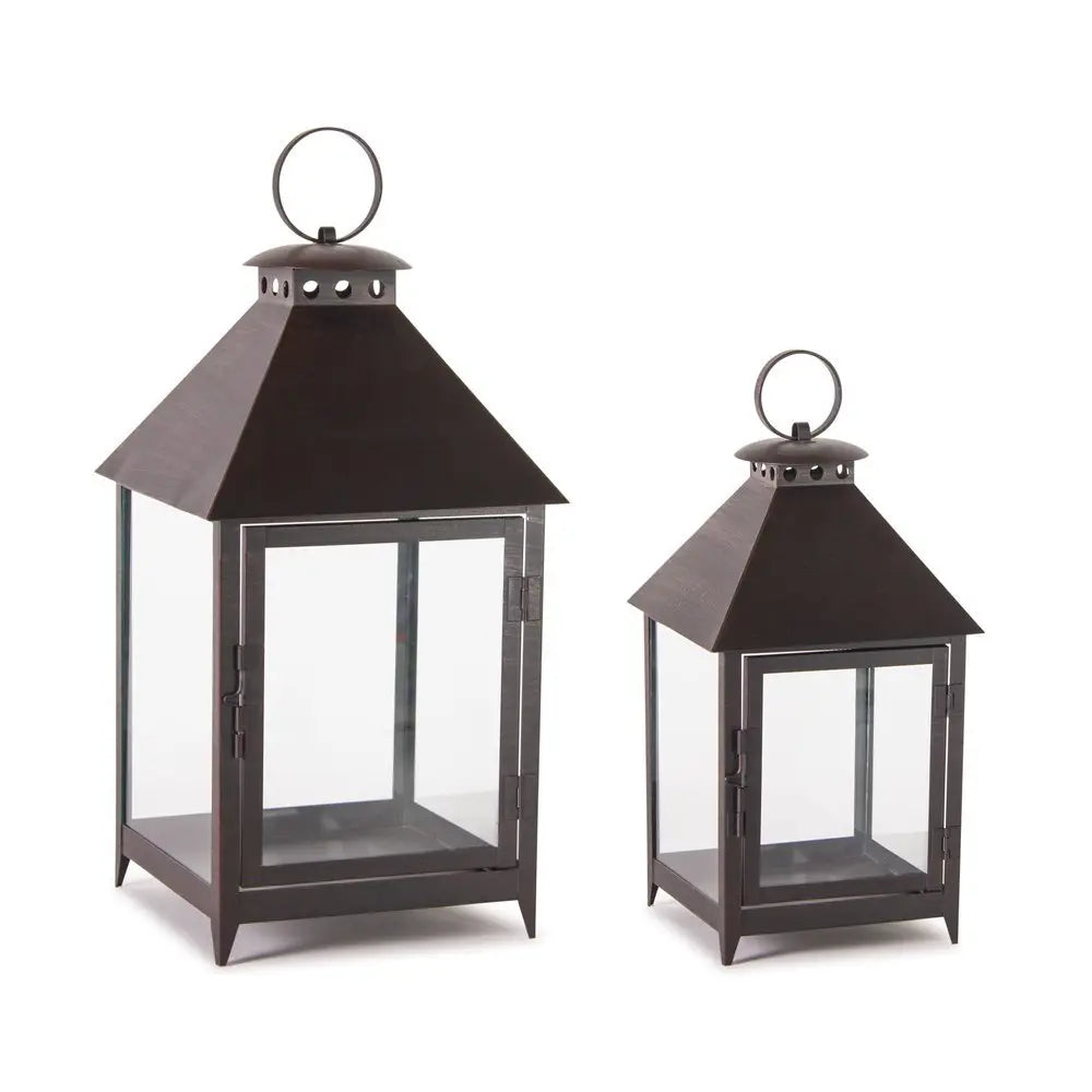 Set of Two Black Geometric Iron And Glass Floor Lantern Candle Holders - NOBLE HOME INTERIORS