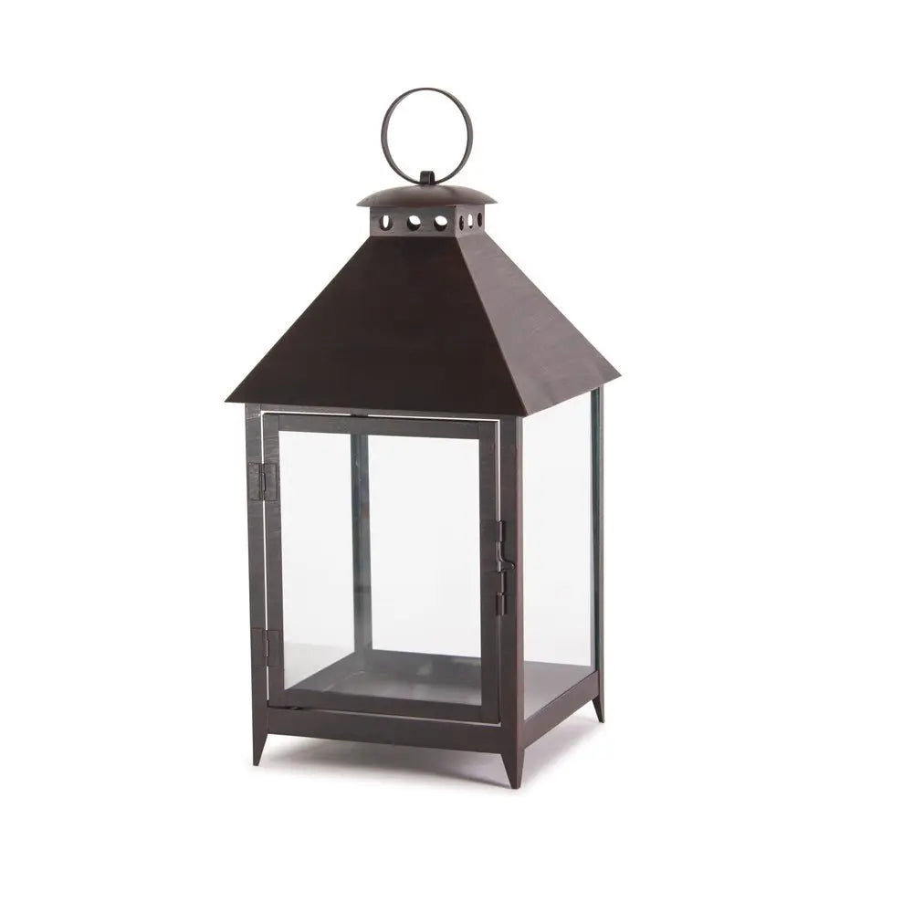 Set of Two Black Geometric Iron And Glass Floor Lantern Candle Holders - NOBLE HOME INTERIORS