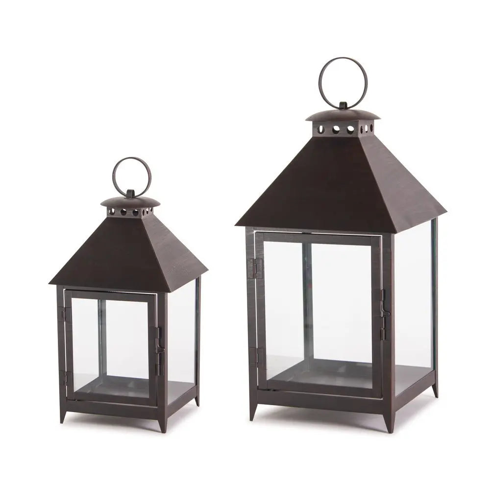 Set of Two Black Geometric Iron And Glass Floor Lantern Candle Holders - NOBLE HOME INTERIORS