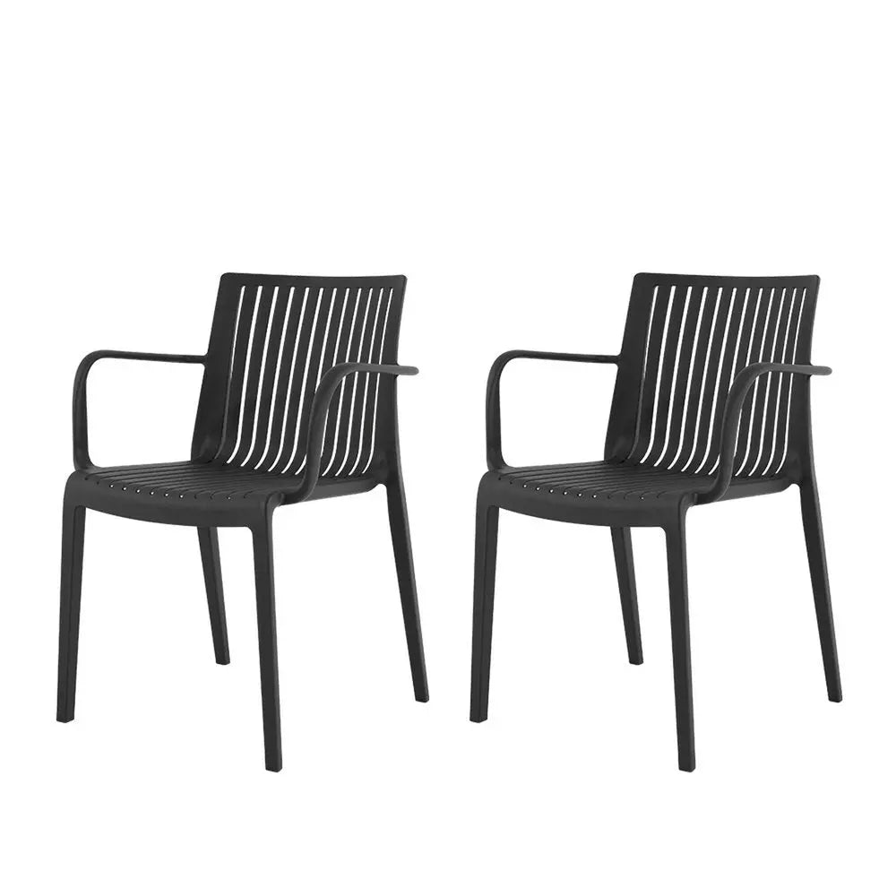 Set of Two Black Heavy Duty Plastic Outdoor Stacking Arm Chairs - NOBLE HOME INTERIORS