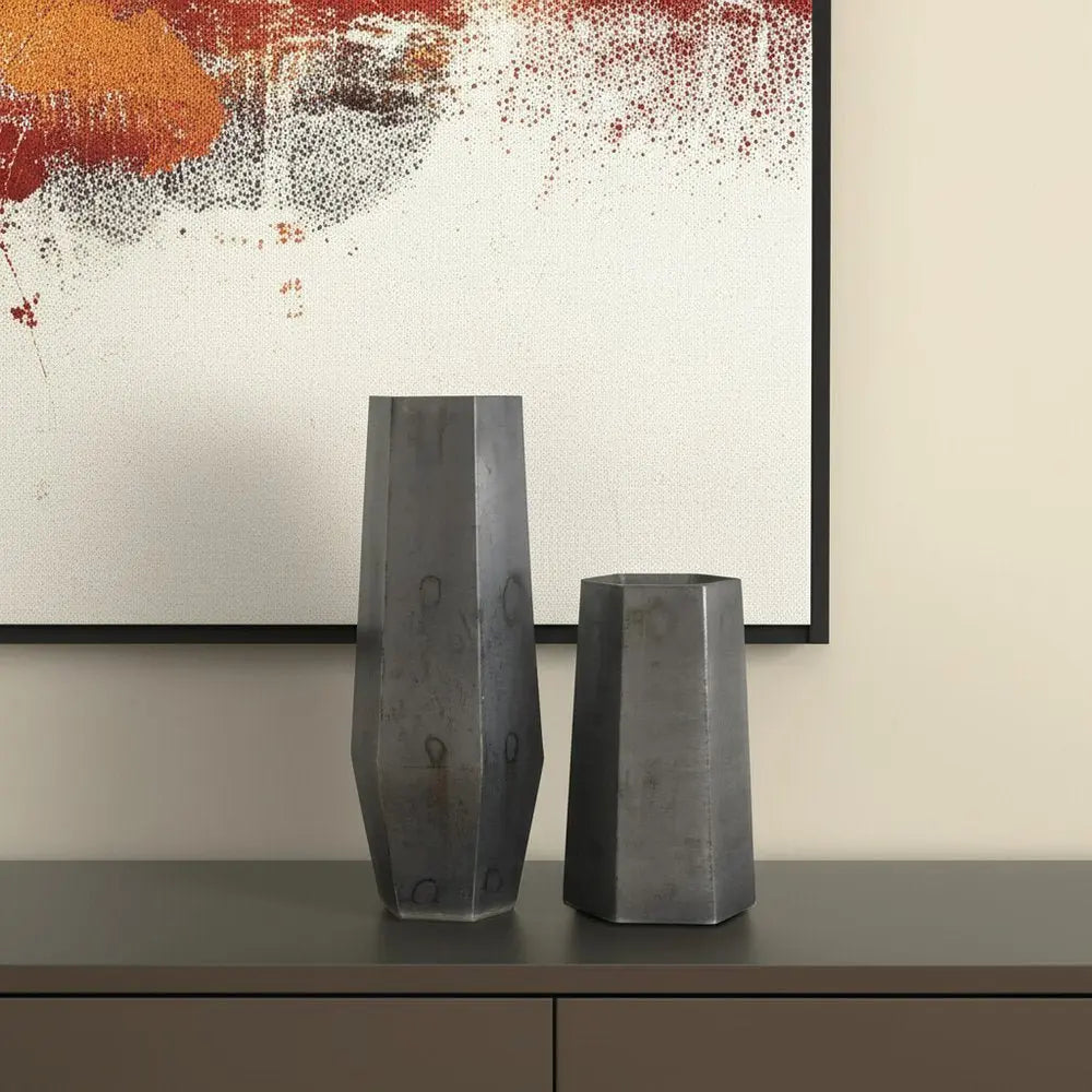 Set of Two Black Hexagonal Glass Table Vases - NOBLE HOME INTERIORS