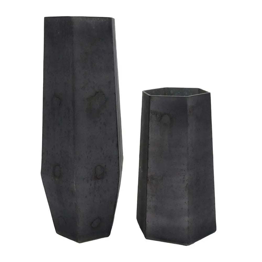 Set of Two Black Hexagonal Glass Table Vases - NOBLE HOME INTERIORS