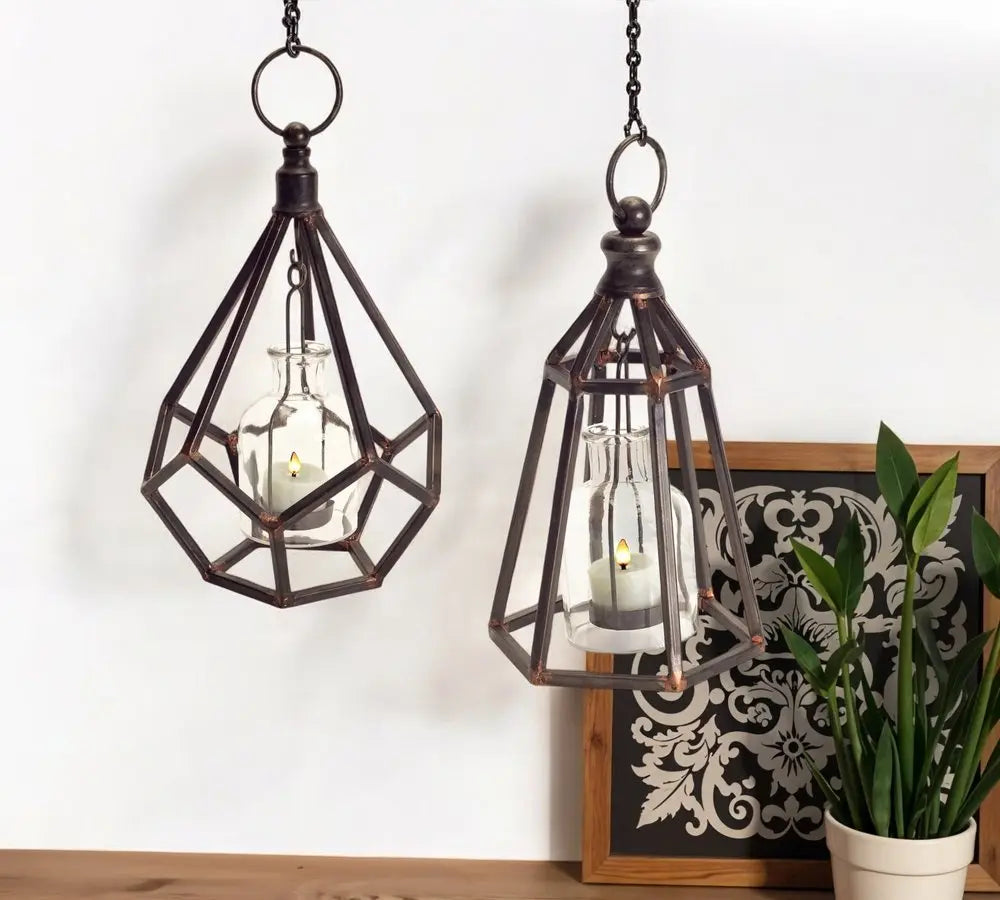 Set of Two Black Metal Geometric Tabletop Tealight Candle Holders - NOBLE HOME INTERIORS