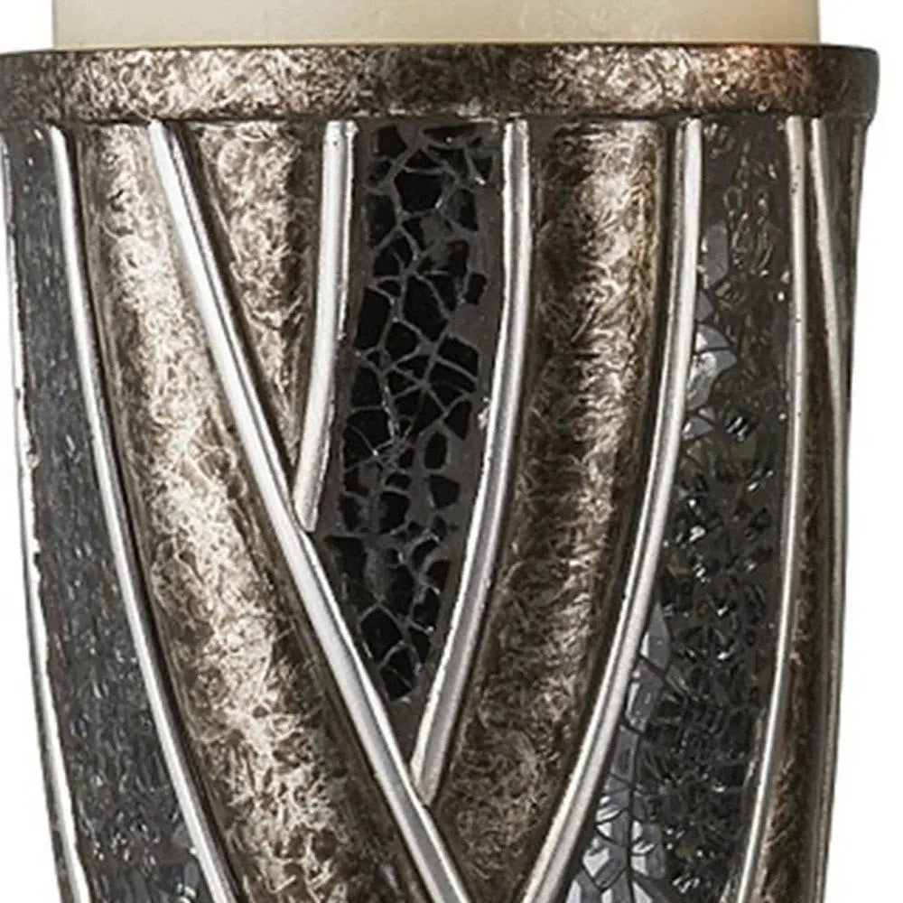 Set of Two Black Silver and Bronze Polyresin Abstract Centerpiece Pillar Candle Holders With Candle - NOBLE HOME INTERIORS