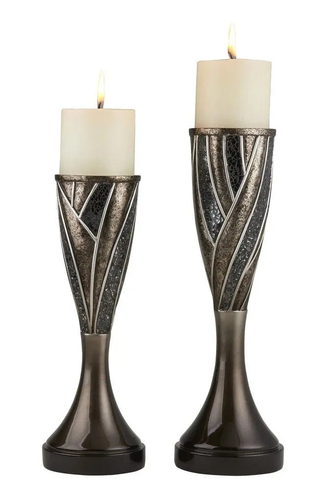 Set of Two Black Silver and Bronze Polyresin Abstract Centerpiece Pillar Candle Holders With Candle - NOBLE HOME INTERIORS
