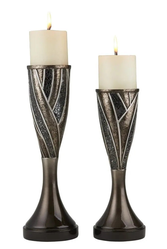 Set of Two Black Silver and Bronze Polyresin Abstract Centerpiece Pillar Candle Holders With Candle - NOBLE HOME INTERIORS