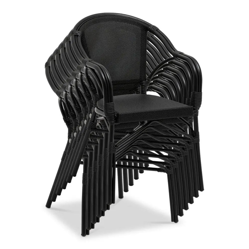 Set of Two Black Textured Mesh Sling And Aluminum Outdoor Stacking Arm Chairs - NOBLE HOME INTERIORS