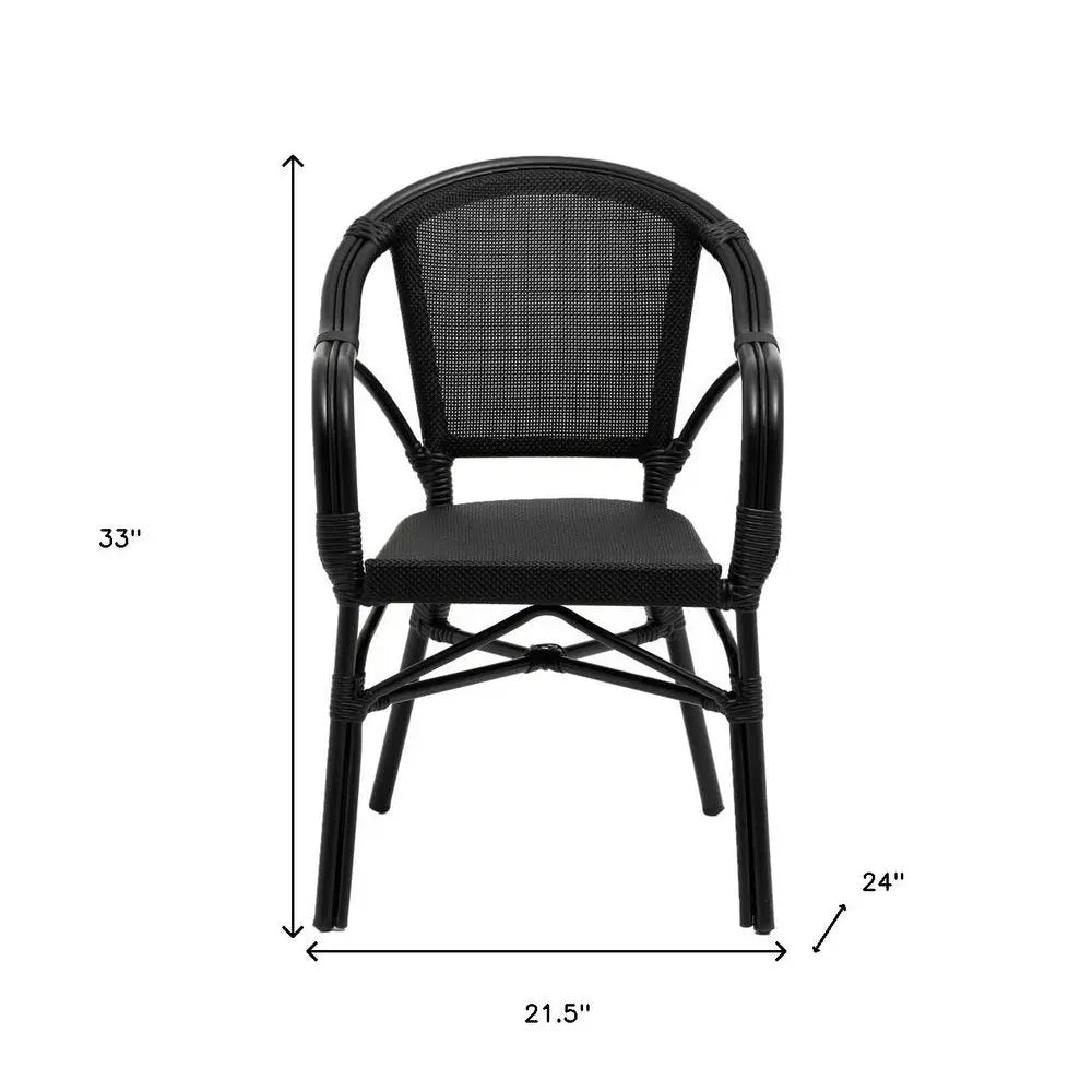 Set of Two Black Textured Mesh Sling And Aluminum Outdoor Stacking Arm Chairs - NOBLE HOME INTERIORS