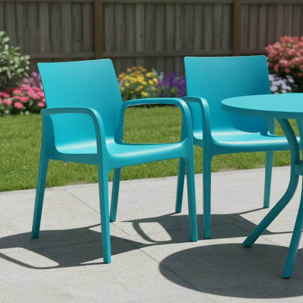 Set of Two Blue Heavy Duty Plastic Outdoor Stacking Dining Chairs - NOBLE HOME INTERIORS