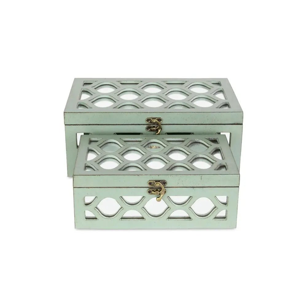 Set of Two Blue Mirrored Glass And Wood Box With Lid - NOBLE HOME INTERIORS