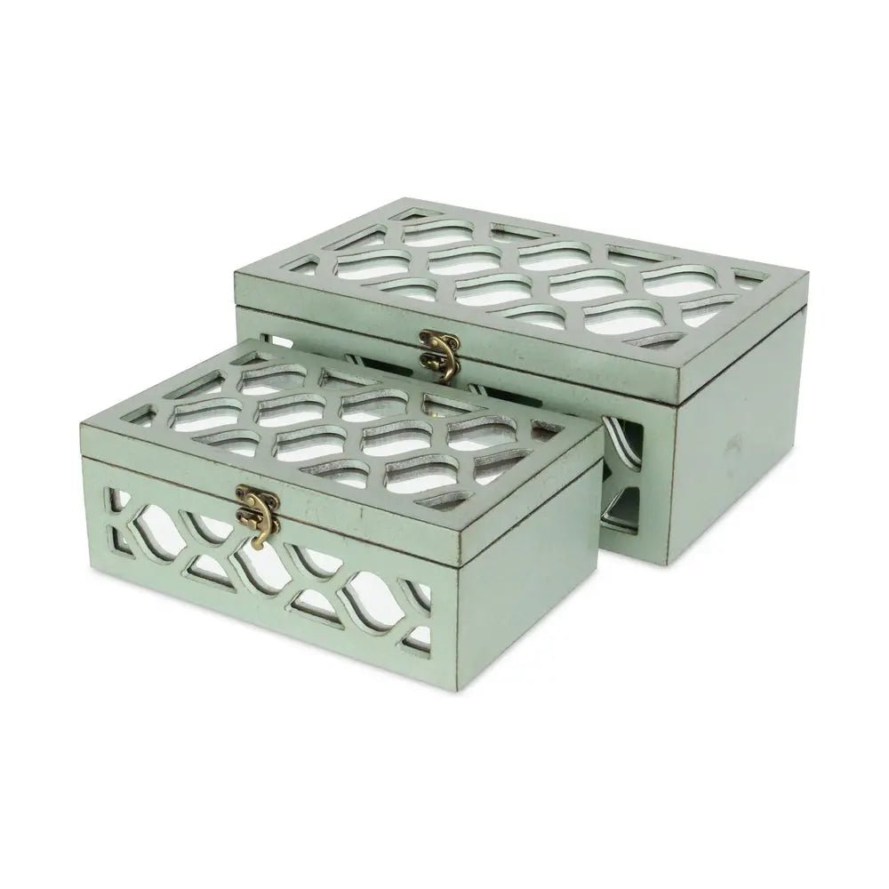 Set of Two Blue Mirrored Glass And Wood Box With Lid - NOBLE HOME INTERIORS