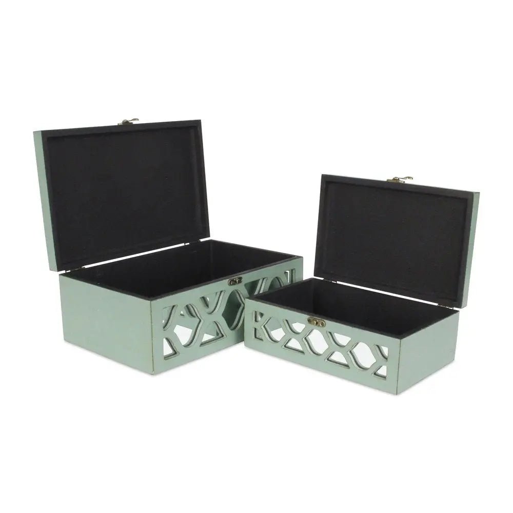 Set of Two Blue Mirrored Glass And Wood Box With Lid - NOBLE HOME INTERIORS