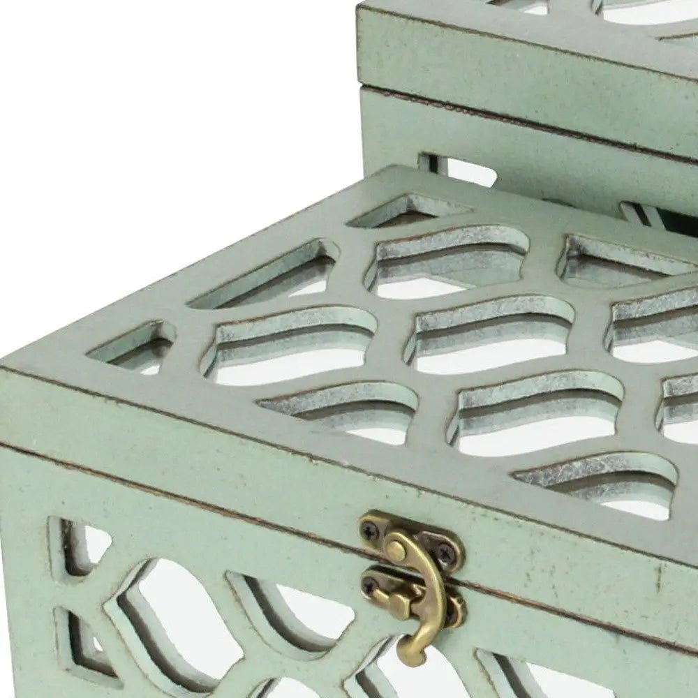 Set of Two Blue Mirrored Glass And Wood Box With Lid - NOBLE HOME INTERIORS